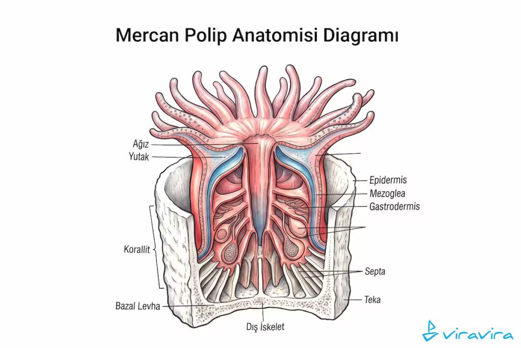 Mercan polibinin anatomisi: ağız, yutak, epidermis, mezoglea, gastrodermis ve kalsiyum karbonat dış iskelet (korallit).

