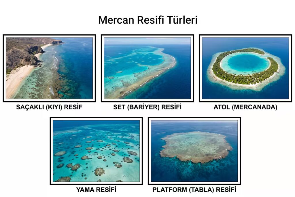 Mercan resifi türleri: saçaklı (kıyı) resif, set (bariyer) resifi, atol, yama resifi ve platform resifi