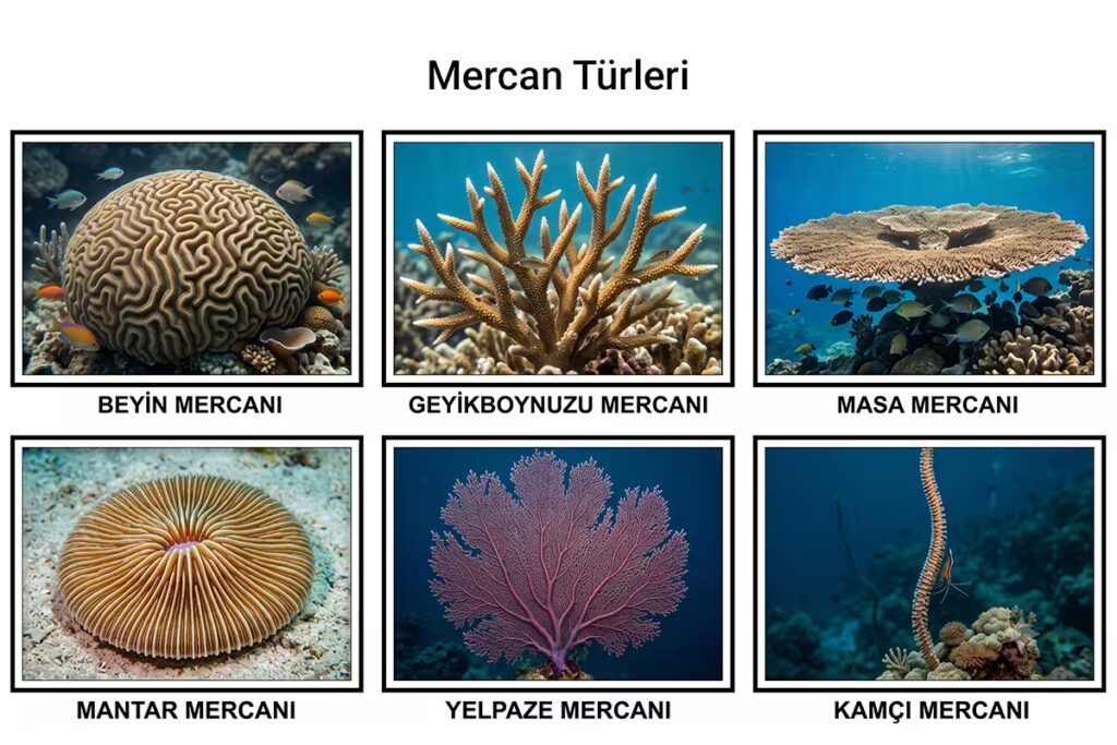 Mercan türleri ve şekilleri: beyin, geyikboynuzu, masa, mantar, yelpaze ve kamçı mercanı