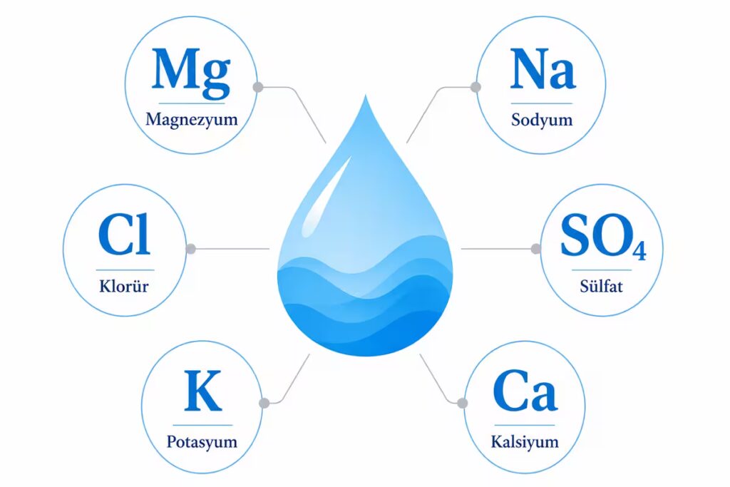 Deniz suyundaki başlıca mineraller: Su damlası etrafında magnezyum, sodyum, klorür, sülfat, potasyum ve kalsiyum.